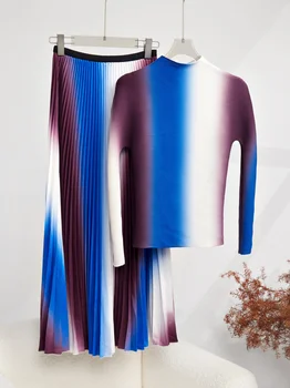 בלוק קפלים TVVOVVIN שני צבעים חתיכת קבוצה לנשים שרוול מלא ללעוג הצוואר סלים העליון משוחרר קו החצאית מזדמן אופנה נשית 5E3