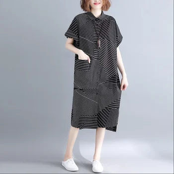 2023 הגעה חדשה קוריאה סגנון טלאים הדפס פסים חופשי בקיץ חולצה שמלת ליידי משרד עבודת שמלת אופנה נשים הלבוש