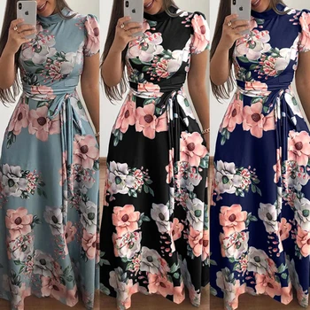 נשים מידות גדולות 2022 הקיץ חצאית בוהמי מודפס פרח גבוה צוואר עגול גדול שרוול ארוך שרוול קצר האופנה התחבושת