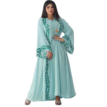 Abaya השמלה המוסלמי נשים האופנה השרוול הארוך V-צוואר פוליאסטר ורוד ירוק בהיר ארוך Abaya המוסלמים שמלות אלגנטיות עם כיסוי הראש