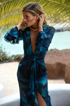 סקסית הדפסה שמלת Bodycon T2K רשת לראות דרך שמלות ארוכות אופנה ללא שרוולים שמלות פרחוניות Beachwear הנשי האסתטי בגדים