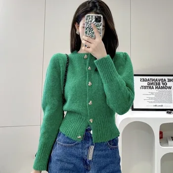 צרפתי בציר ירוק קרדיגן מעיל נקבה, חוש עיצוב, אופנה של המיעוט, 2023 סתיו , חורף, סוודר מגמת יפן ילדה