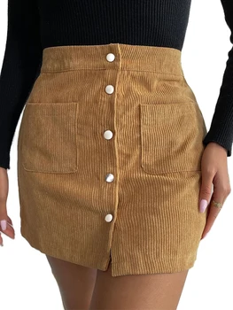 נשים s Vintage קורדרוי חצאית קלאסית גבוהה המותניים קו מכופתרת רזה צבע מוצק קצר חצאית לעטוף היפ חצאית