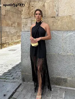 סקסי ללא משענת מוצקה שמלת הקולר נשים שחור ללא שרוולים ציציות טלאים שמלות מקסי 2023 הקיץ ליידי שיק מסיבה Vestidos