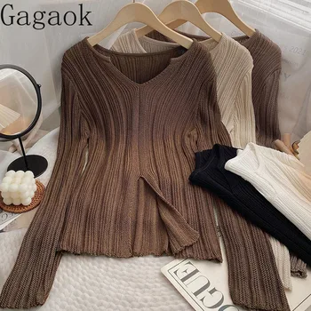 Gagaok סוודרים עם שרוולים ארוך הלבשה עליונה סרוגה חולצה לנשים 2022 סתיו קוריאנית סלים רב-תכליתי החוץ קט לכסות תחתית