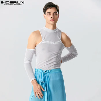 INCERUN מקסימום 2023 האמריקאי סגנון חדש Mens רואה דרך רשת אבזם עיצוב חולצות מקרית סקסי הולו ארוכות Camiseta S-5XL