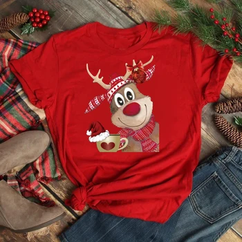 מצחיק סנטה קלאוס עם איילים נשים חולצת האופנה חג שמח חג המולד הדפס גרפי טי קריקטורה החולצה הנשי חולצת טי