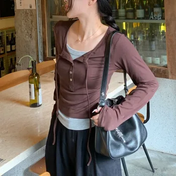 קוריאני Harajuku אופנה אישה חולצה 2023 סתיו Y2k בגדים קצוץ חולצות טי בחורה שווה בציר דק שרוול ארוך מזדמן חולצות