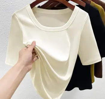U-צוואר בינוני שרוול חולצת הטריקו לנשים עם תחתית דק