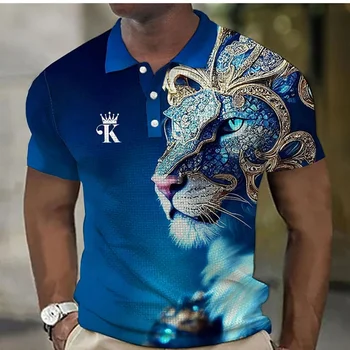 חיה גברים חולצת פולו 3d אריה הדפסה מזדמנים יומי דש חולצות Tees פראי החיה חולצה לאדם בגדי הקיץ עם שרוולים קצרים