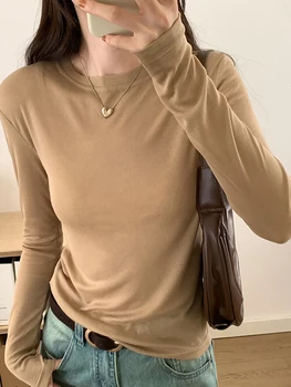 בסיסי מוצק דק חולצת טי עבור נשים או צוואר שרוול ארוך חולצת אופנה קוריאנית נשים בגדים, סוודר גולף חולצה נשית 2023 סתיו