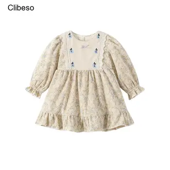 2023 Clibeso בנות בסגנון מערבי צמר שמלת ילדים סתיו חורף בוטיק רקמה פרחונית שמלות ילדים בגימור שמלות