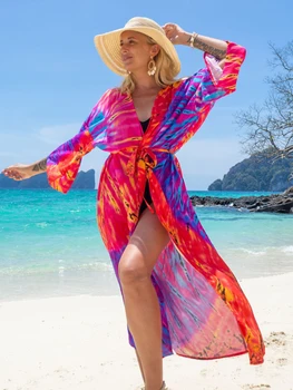 צבעוני כיסוי חוף קימונו החוף טוניקה ביקיני לחפות זהורית על גודל Kaftan Pareos טוניקה לחוף נשים חוף שמלת החולצה