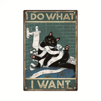 חתול שחור סימן פח, מתכת, לוח פוסטר קיר אמנות עיצוב הבית שירותים שירותים שירותים קיר בעיצוב
