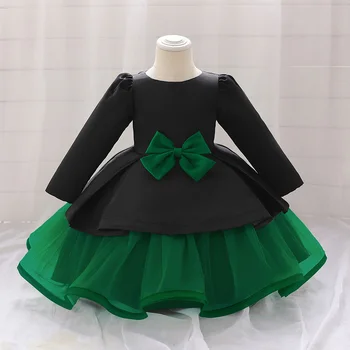שרוול ארוך לתינוק 1 מסיבת יום הולדת שמלות לבנות תחפושת שחור ירוק קשת התינוק שמלת נסיכת פעוט בגד ההטבלה