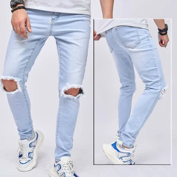 2023 אירופאי ואמריקאי מוצק צבע ג ' ינס של גברים עם חורים קרועים, אלסטי מזדמן רגל קטנה סלים מכנסיים, קלאסי