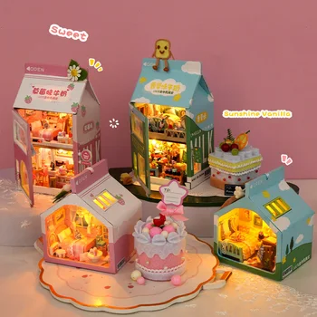 Diy עץ מיני עוגת תות Casa בתי בובות מיניאטורי ערכת בניין עם ריהוט אור בובות צעצועים למבוגרים מתנה