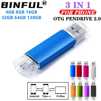 BINFUL מיני 3IN1 סוג c כונן עט 32GB 64G השתלמות ג ' נארי טלפון 128GB מהירות גבוהה pendrive 8G 16G פלאש כונן זיכרון usb OTG usb