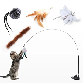 סימולציה ציפור אינטראקטיבית חתול מקל צעצוע עם כוס יניקה מצחיק נוצת ציפור על חתלתול משחק צ ' ייס תרגיל חתול צעצוע אספקה