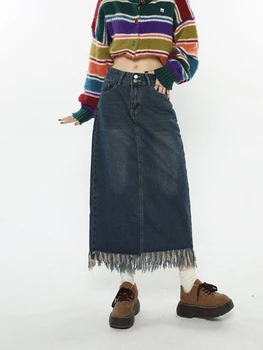 ציצית ג 'ינס חצאיות נשים בסגנון אמריקאי גבוהה המותניים וינטג' קו Hotsweet מידי ילדותי אופנה כל-התאמה מקרית ההגירה אופנת רחוב