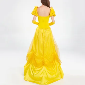 למבוגרים דיסני הנסיכה בל חצאית סט הכולל זוג כפפות פאף שרוול באורך רצפת צהוב V-צוואר רשת להתלבש בשביל קוספליי