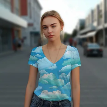 נשים מרענן ונוח V-צוואר חולצת הטריקו בצבע ענן 3D הדפסת חולצה אופנה Loose חולצת טריקו רחוב פופולרי טי-שירט