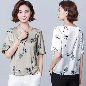 אופנה של אמא Tshirts הקיץ חיקוי משי העליון של נשים חולצה הדפסה סיבוב Collr שרוול קצר קרקעיות החולצה מ-4XL