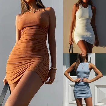 נשים קיץ או צוואר סקסי Bodycon גמיש שמלה קצרה Slim Fit שרוולים חריף ילדה שמלת מיני מסיבת מועדון נופש תלבושת