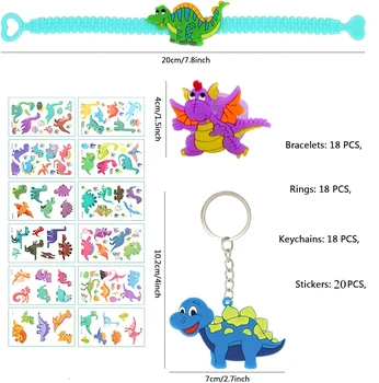 74pcs דינוזאור לאורחים דינוזאור צמידים טבעות מחזיקי מפתחות מדבקות צעצועים פרסים מתנת קרנבלים לילדים יום הולדת אספקה