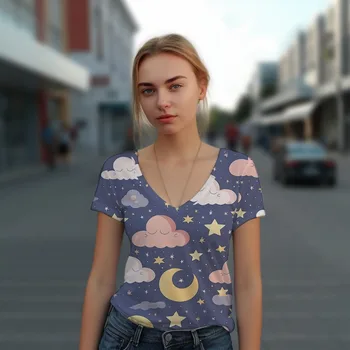 נשים מרענן ונוח V-צוואר חולצת הטריקו בצבע ענן 3D הדפסת חולצה אופנה Loose חולצת טריקו רחוב פופולרי טי-שירט